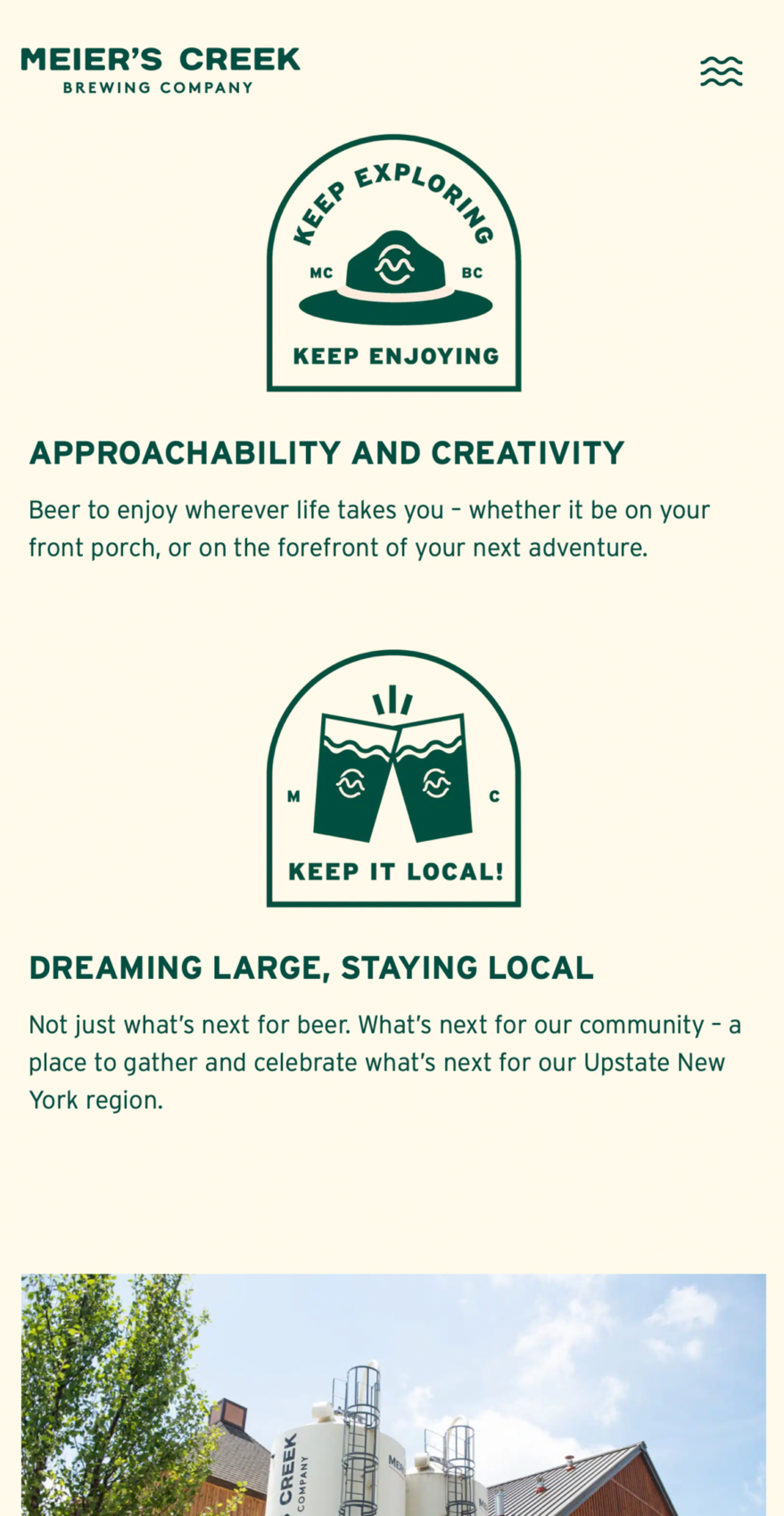 The About page from Meier's Creek Brewing Company's new website, showing customized, branded iconography