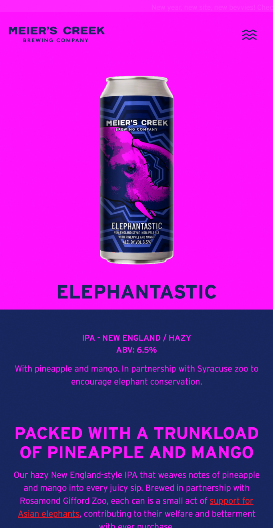A page from Meier's Creek Brewing Company's beer archive showing their Elephantastic beer, which raised funds for Rosamond Gifford Zoo's elephant sanctuary