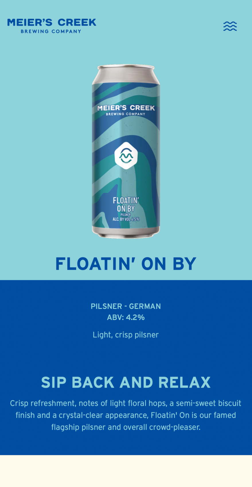 The Floatin' On By pilsner landing page on Meier's Creek Brewing Company's website in a mobile layout