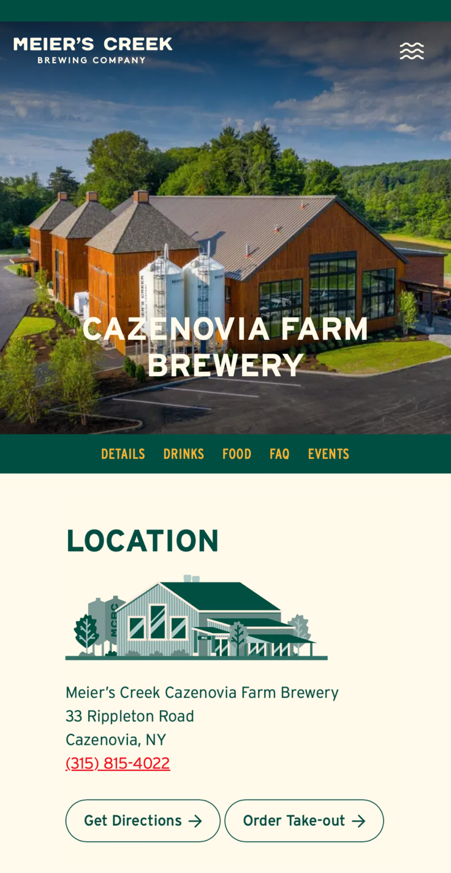 The Meier's Creek Brewing Company's Cazenovia farm brewery location page with a custom illustration depicting the brew pub exterior